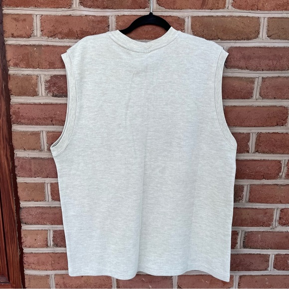 Men’s V-neck sweater vest. beige with navy and brown stripe. Size L - Picture 2 of 5